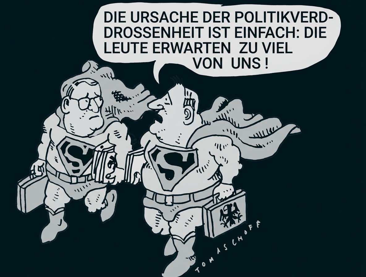 Karikatur: Zwei Super-Politiker mit Umhängen und Aktenkoffern, Sprechblase über Politikverdrossenheit